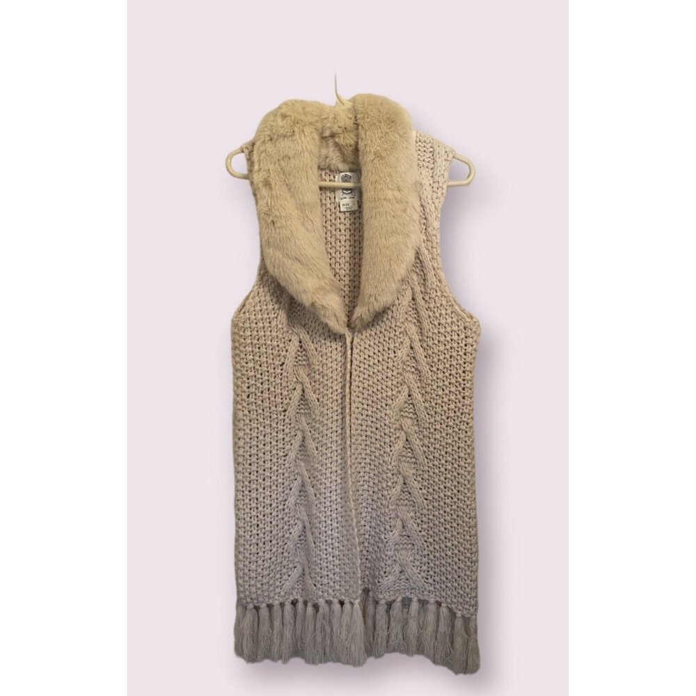 Lili’s Closet Anthropologie Ivory Thick Cable Knit Faux Fur Collar Vest L Boho A